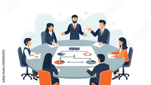 Business Team Meeting Discussing Strategic Plans and Project Management around a Conference Table