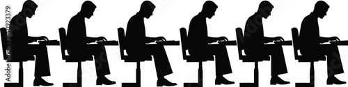Silhouette of repeated office worker sitting at desk typing on computer, minimal black figures showing routine work, productivity concept, isolation, modern corporate life culture