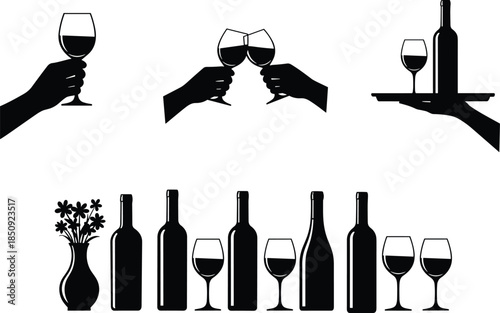 Wine glass silhouettes, with hands toasting bottles bar set minimalist vector illustration isolated on white background for celebration hospitality restaurant branding marketing poster design