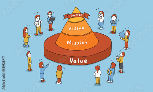 パーパスを掲げる企業と集まる人々　ミッション、ビジョン、バリューのイラスト