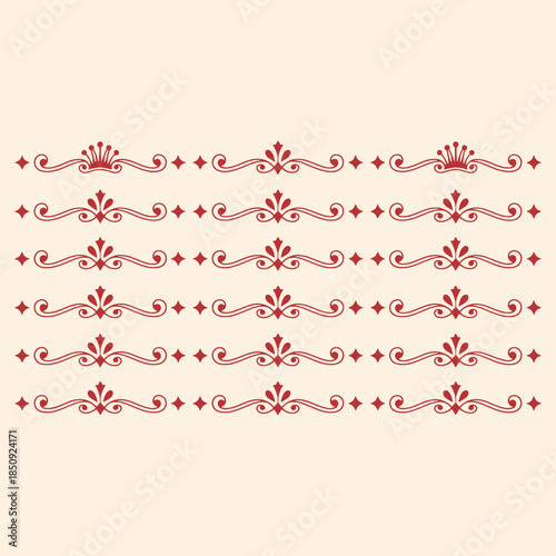Ornate red decorative borders with floral and swirl patterns on a white background