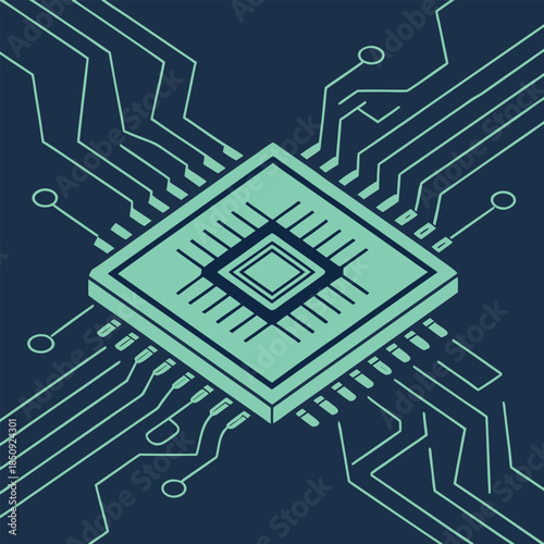 Glowing cyan microchip with circuit board connections on dark blue background for tech and electronics concepts
