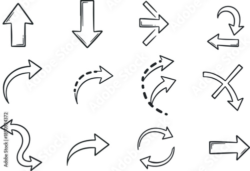 Set of Hand-Drawn Arrows Up, Down, Curved, and Circular Directions