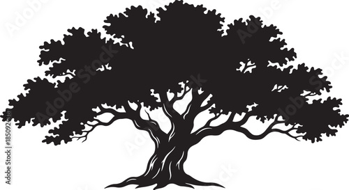 black silhouette of lone tree on white background, vector