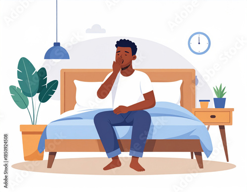 A tired man yawning while sitting on his bed in a cozy bedroom setting.