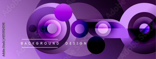 Abstract purple background. Circles overlap creating dynamic visual effect. Modern design elements present smooth gradients.