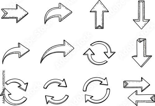 Hand-Drawn Sketchy Arrow Icons Navigation and Direction Elements