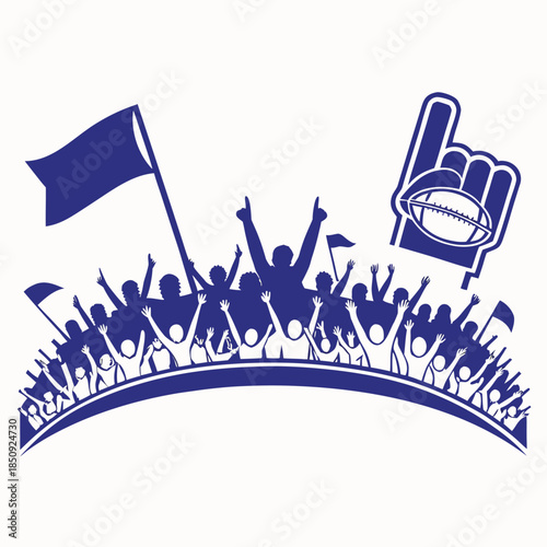 American football fans celebrating with flags and gestures, energetic crowd in blue silhouette, sports enthusiasm