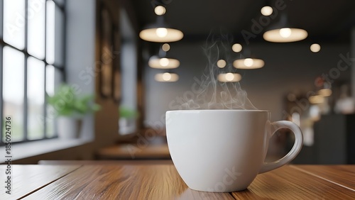 Steaming cup of coffee on wooden table