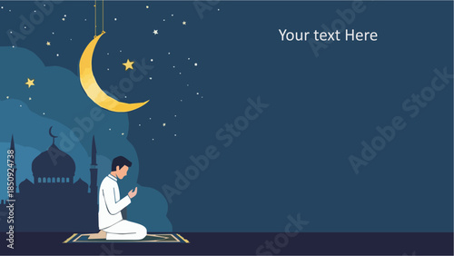 Man praying at night with mosque and crescent moon