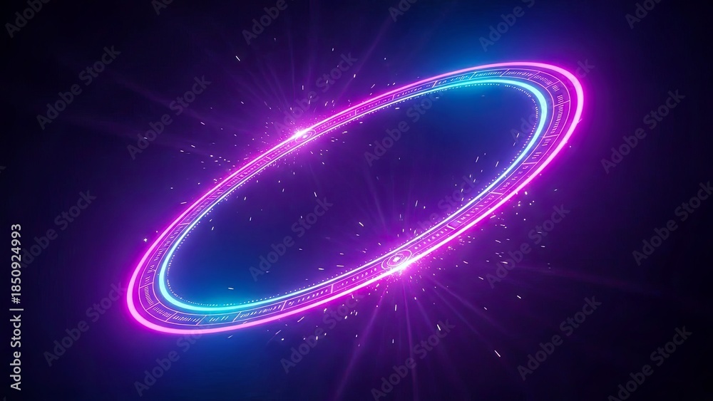 Obraz premium Neon Glowing Oval With Spark Effects and Teal Light in Dark Cosmic Space.jpg