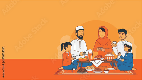 Muslim family sharing iftar meal together on traditional rug