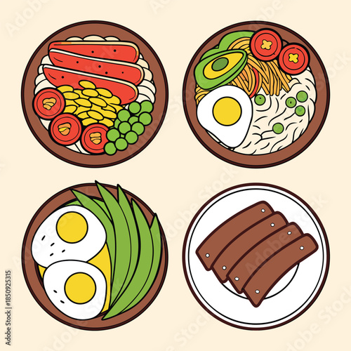 Colorful cartoon plates of food with eggs sausage tomatoes peas avocado and noodles on beige background