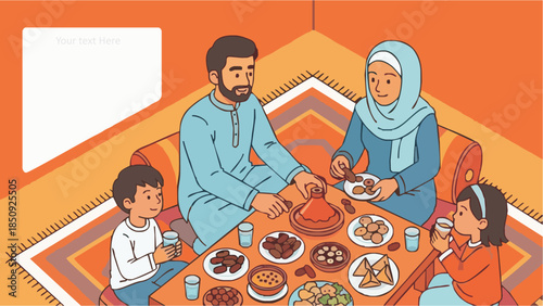 Muslim family enjoying traditional iftar meal together at home