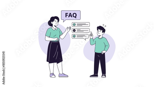 illustration of a woman explaining frequently asked questions to a man with a FAQ board in a