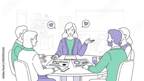 Team of professionals discussing wellness plan with supportive communication in a modern office