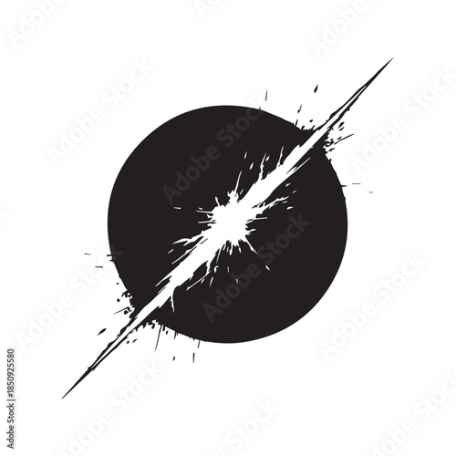 Tableau sur toile Abstract black grunge circle with diagonal ink brush stroke slash and splatter texture vector illustration