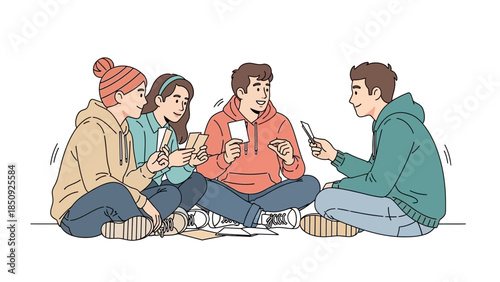 group of young friends sitting on the floor engaged in conversation and using smartphones together