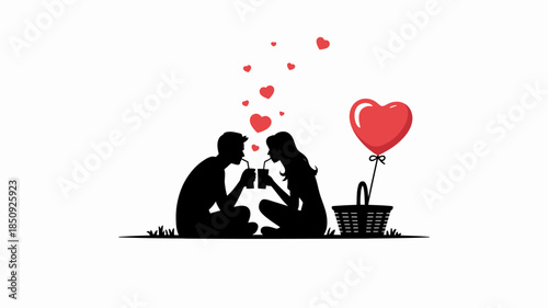 Black silhouette of couple with picnic basket and heart balloon