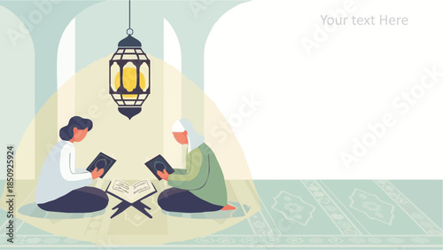 Two people reading quran together in a serene indoor setting