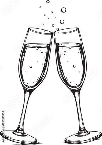 Two elegant champagne flutes are captured in a moment of celebration, their rims gently touching, symbolizing a toast of joy and unity.