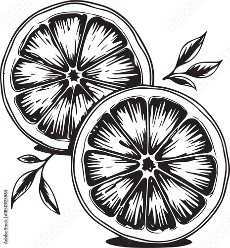 Two halves of a vibrant citrus fruit, meticulously rendered in a detailed, artistic illustration with leaves. Showcasing the natural beauty and the intricate design of the fruit.
