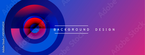 Abstract vibrant design features concentric circles, gradient colors. Purple, blue, red hues create dynamic visual effect. Text reads background design.