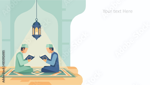 Two men reading quran in a serene mosque interior