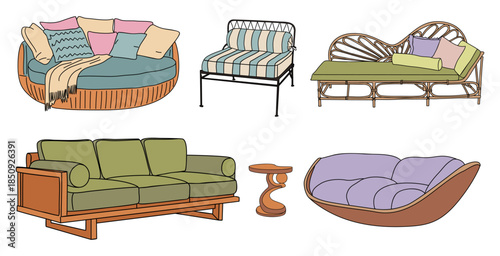 Set of outdoor sofas daybeds benches and chairs with cushions in soft colors. Hand drawn illustration  isolated on transparent background.