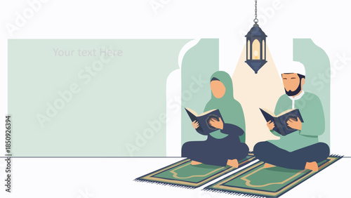 Muslim couple reading Quran together in peaceful prayer room