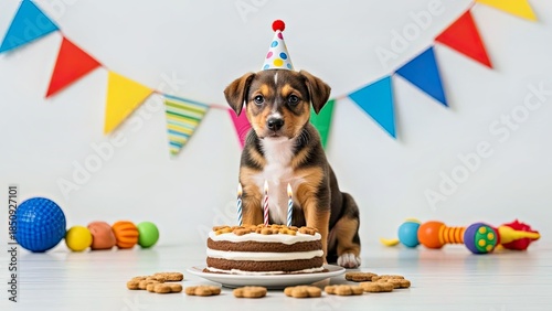 Puppy Birthday Cake With Party Hat Scattered Cookies Colorful Flags on White Table.jpg