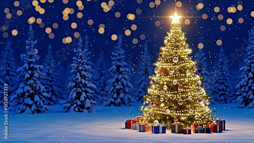 Beautiful Lit Christmas Tree With Gifts in Snowy Winter Forest Scene.jpg