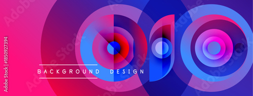 Vibrant abstract design features overlapping colorful circles. Pink, blue, purple hues create dynamic visual effect. Modern background element.