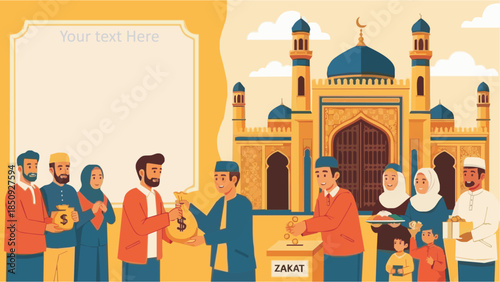 Diverse Muslim community giving zakat in front of mosque