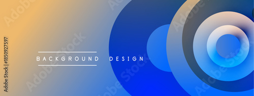 Abstract gradient background features concentric circles. Blue, orange hues blend smoothly creating modern visual effect. Text reads background design.