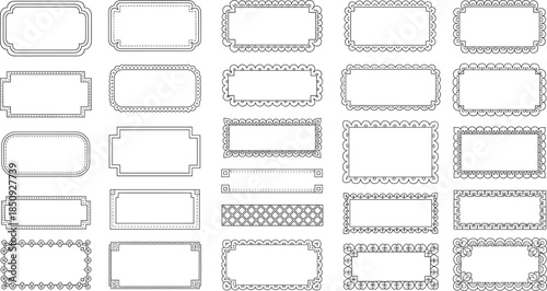 Decorative rectangular frame set in black and white, ornate border designs for labeling, scrapbooking, and graphic design projects.