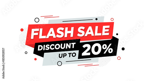 A vibrant graphic banner announcing a flash sale with a discount of up to 20%, featuring bold red and white text on a dynamic background.