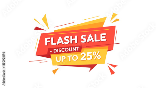 A vibrant graphic banner announcing a flash sale with a discount of up to 25%, featuring bold typography and dynamic geometric shapes in red, orange, and yellow.