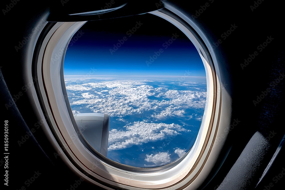 Fototapeta premium Aerial view of clouds and horizon through airplane window