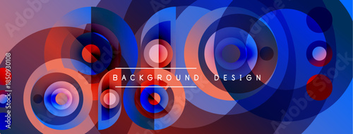 Abstract circles overlap, creating vibrant color gradients. Blue, purple, red hues dominate composition. Modern design element.