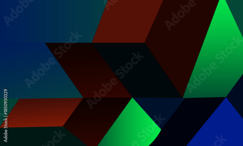 abstract composition featuring bold angular shapes in deep blue, green, and red tones. Perfect for modern design projects, tech branding, or artistic backgrounds. Evokes momentum, energy,