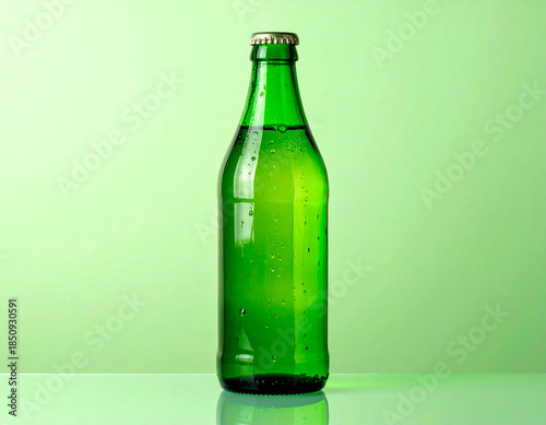 Green glass bottle with condensation, isolated on a light green background, minimal and refreshing look