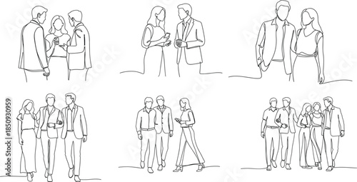 "Minimalist line art people in professional attire interacting, walking, talking, standing for business, social, and design themes"
