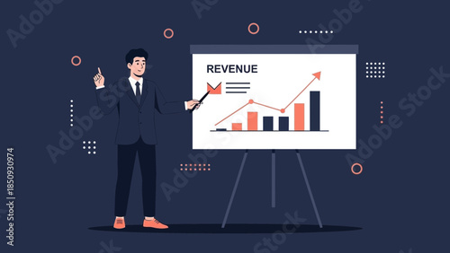 Business Analyst Presenting Revenue Growth Data with Graphs and Charts in a Modern Office Setting