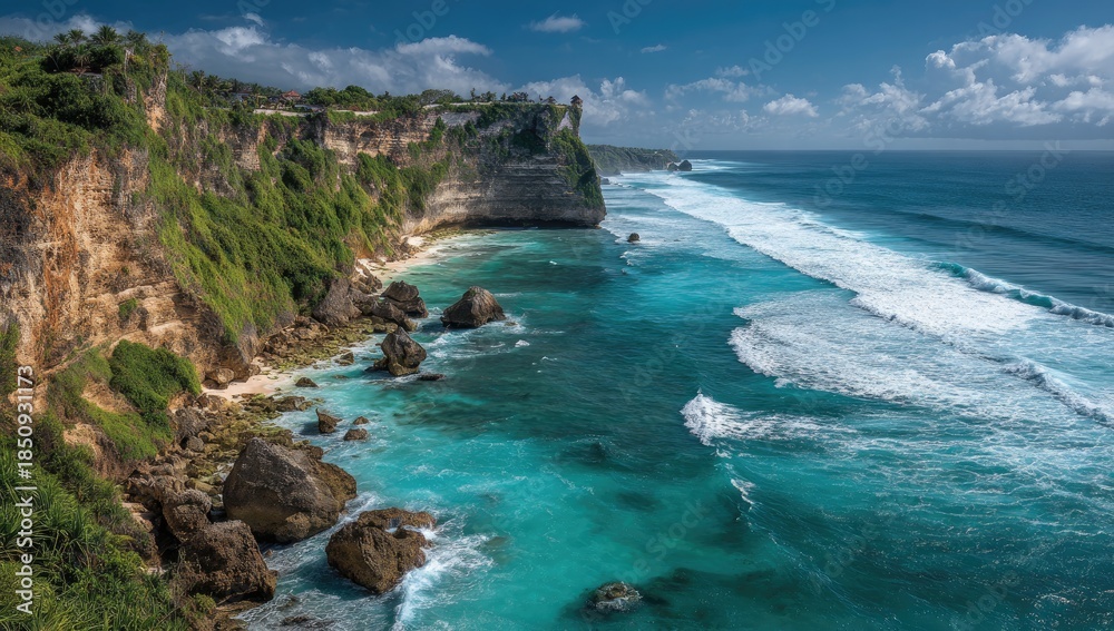 Fototapeta premium A stunning coastal scene with lush green cliffs, turquoise waters, and gentle waves