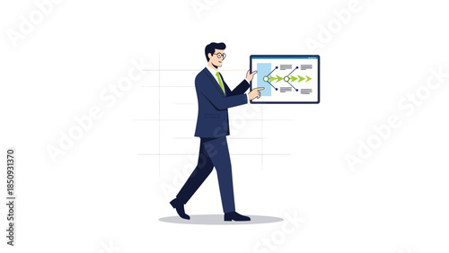 businessman analyzing data and flowcharts on a digital screen in a modern workspace