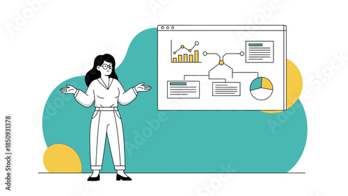 businesswoman presenting data analysis on a large screen in a modern office setting