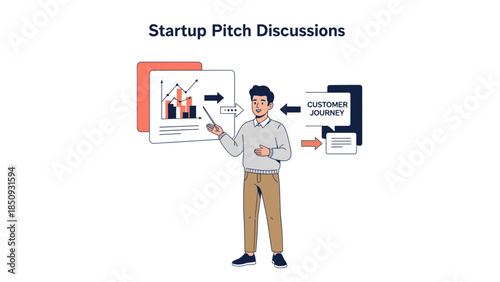 Startup Pitch Discussions Illustration Showing Business Presentation and Customer Journey Analysis