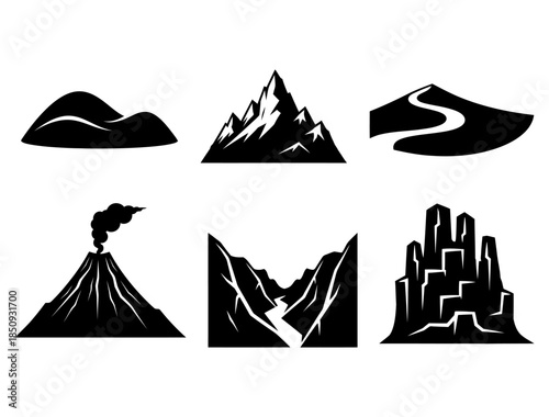 Vector landscape icons set diverse mountains, volcanoes, canyons, and desert dunes for graphic design projects