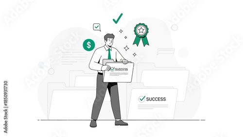 businessman holding a certificate of success with achievements icons in a modern digital setting